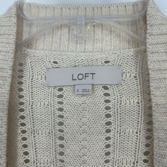 LOFT Bobble Cardigan Beige Open Front Long Balloon Sleeves Open Knit Size S - Picture 10 of 11